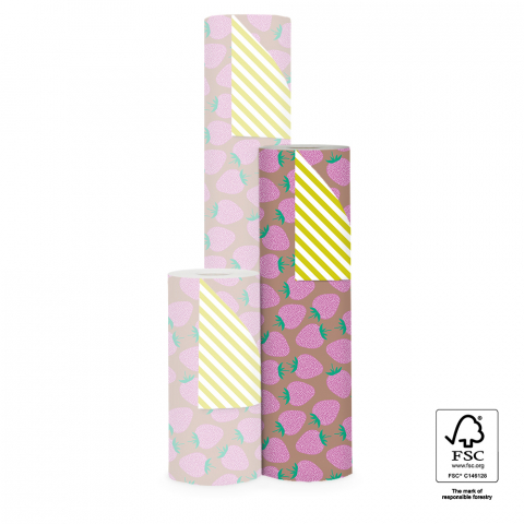 P15.147.050 Inpakpapier - Strawberry Pink/Taupe - Stripe Yellow